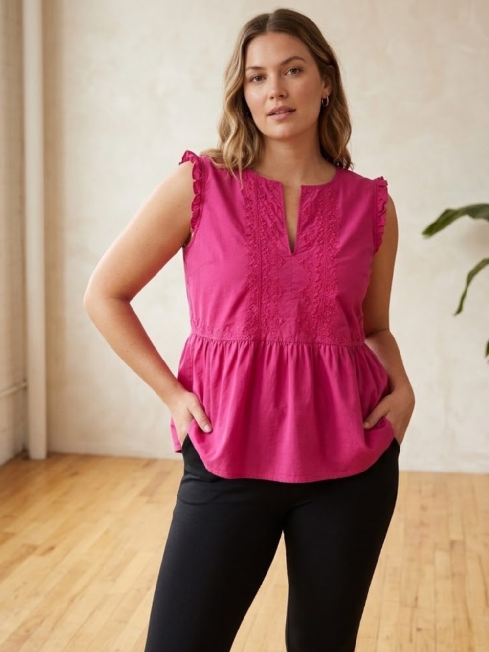 Ann Taylor Pink Sleeveless Boho Baby Doll Peasant Blouse Women's Size Large